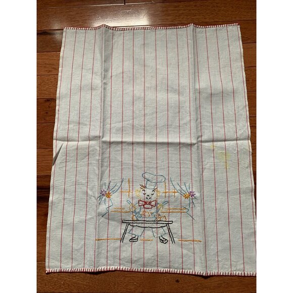 Vintage Red Pinstriped Hand Embroidered Chef cooking Hand Towel - Picture 2 of 8